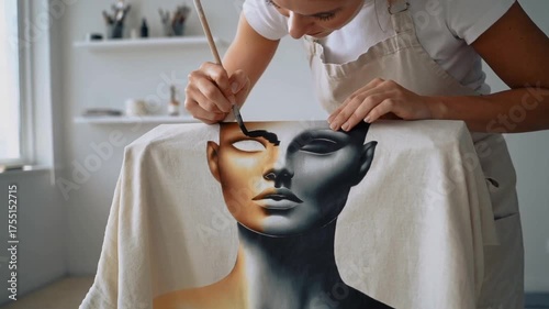 Woman painting a half-black and half-gold face