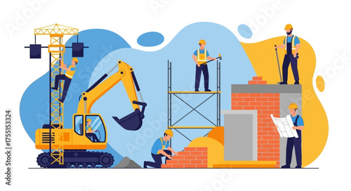 Photos Construction workers and heavy machinery building a structure symbolizing develo