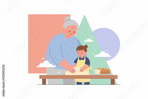 Happy grandmother and child baking bread teaching and bonding together A wholesome family activity