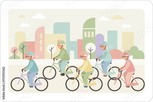 Joyful elderly people cycling together in a vibrant city park promoting active healthy aging