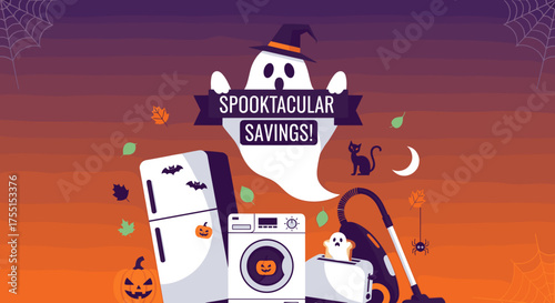 Spooktacular Halloween savings on household appliances with festive ghost pumpkins and autumn elements Great for retail promotions