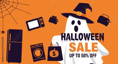 Spooky Halloween sale on home appliances with a friendly ghost perfect for holiday shopping promotions and retail deals