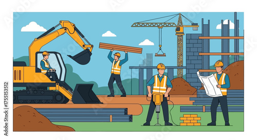 Construction workers operating machinery lifting materials and reviewing plans at a building site