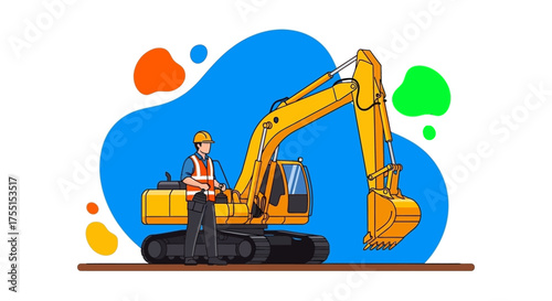 Construction worker operating an excavator Industrial job site heavy machinery labor development