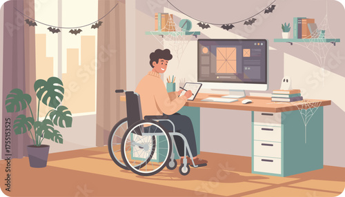 Disabled man in wheelchair creatively working on computer at home office decorated for Halloween