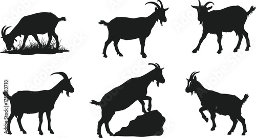 Goat silhouette vector, farm animal illustration, grazing goat, standing goat, climbing goat, jumping goat, livestock design, domestic animal, agriculture art, wildlife