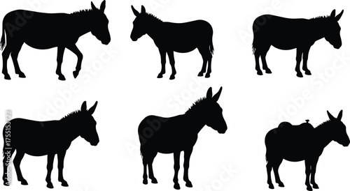 Donkey silhouettes, farm animal, livestock illustration, black and white artwork, rural countryside, pack animal, grazing pose, saddle, bird, agriculture, design