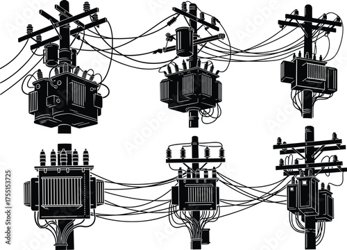 Electrical transformer, utility pole, power distribution, voltage regulation, electricity infrastructure, black and white illustration, insulators, power lines, grid system, technical drawing, artwork