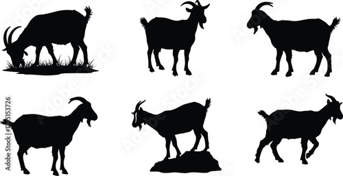 Goat silhouette vector, farm animal illustration, grazing goat, standing goat, rocky goat, livestock design, domestic animal, agriculture art, wildlife, nature graphic