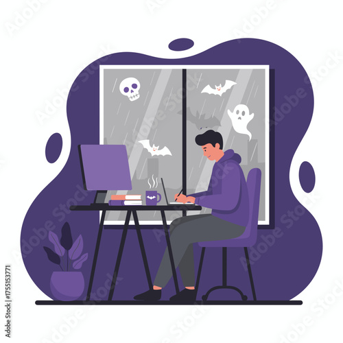 Man working happily from home office on a rainy Halloween day cozy remote work atmosphere