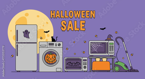 Halloween sale banner with spooky home appliances like a fridge washing machine microwave and toaster on a purple background