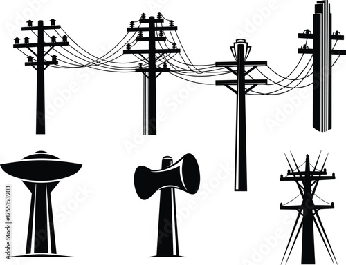 Utility poles, communication structures, power lines, transformers, water tower, loudspeaker pole, silhouette illustration, electricity infrastructure, black and white artwork, urban grid, design