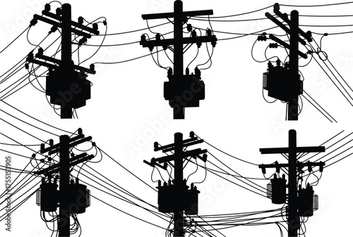 Utility pole, power lines, electrical transformer, silhouette illustration, electricity infrastructure, black and white artwork, insulators, crossarms, grid system, overhead wiring, distribution