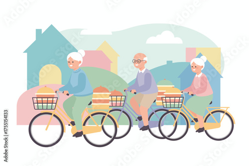 Happy senior citizens enjoying cycling through their vibrant town embracing an active lifestyle