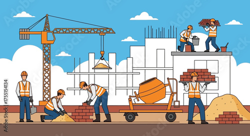 Construction workers building a new structure with bricks crane and cement mixer Industry