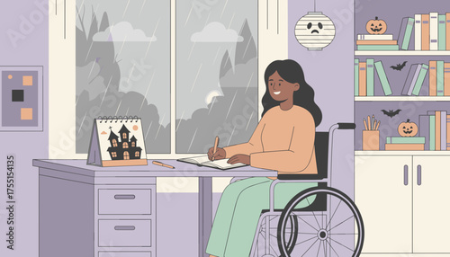 Smiling woman in wheelchair writing at desk during rainy Halloween season home office lifestyle