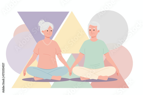 Senior couple meditating holding hands Wellness balance and partnership in old age