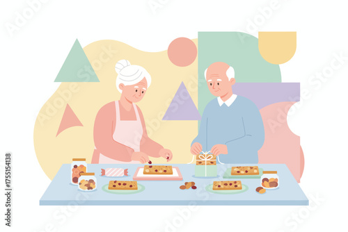 Grandparents prepare healthy homemade snacks and gifts sharing joy