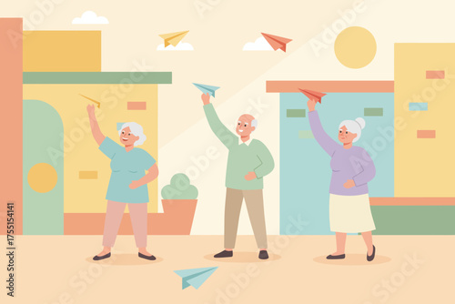 Elderly friends joyfully throwing paper airplanes in a vibrant city setting symbolizing freedom and dreams
