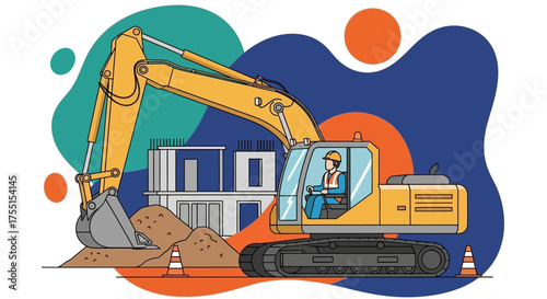 Construction worker operates an excavator at a building site Development industry and progress
