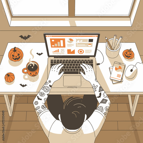 Person working on laptop at Halloweendecorated desk analyzing data Remote work autumn concept