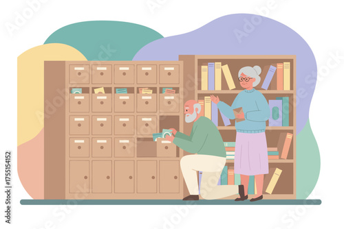 Senior couple actively searching library records symbolizing knowledge and research