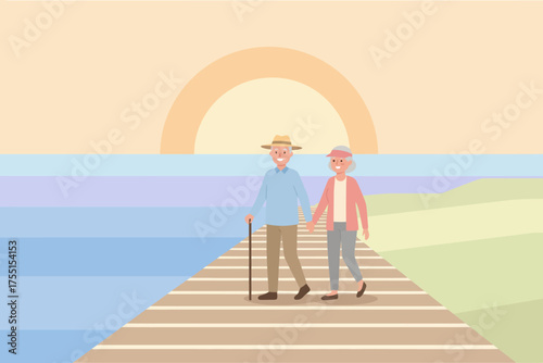 Joyful senior couple holding hands strolling on a seaside boardwalk during golden hour Serene retirement lifestyle