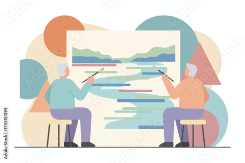 Two men collaboratively painting an abstract scene illustrating creativity teamwork and project development