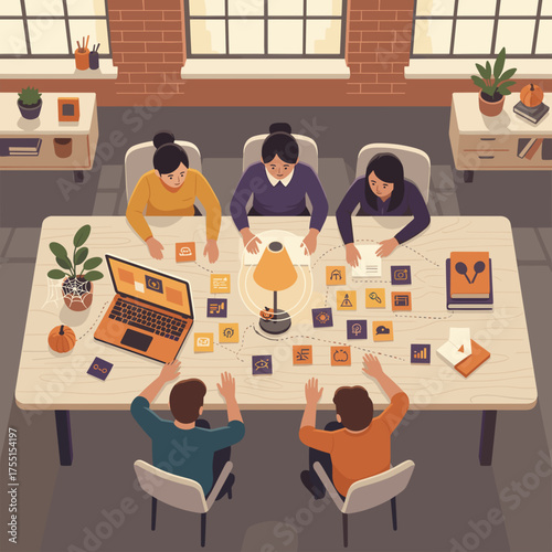 Team collaborating on a business strategy meeting brainstorming ideas with visuals in a creative office