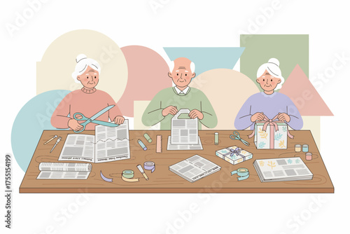 Three cheerful seniors engaging in DIY crafts cutting folding and wrapping gifts