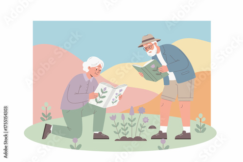 Happy senior couple studying plants in a peaceful garden Retirement lifestyle learning nature