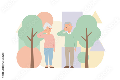 Happy elderly couple in a park enjoying sounds of nature retirement and healthy lifestyle
