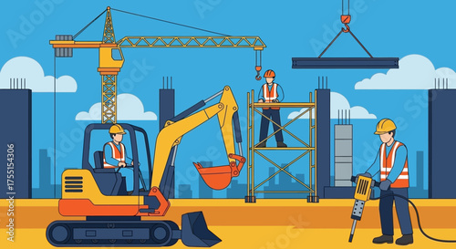Construction site with workers operating heavy machinery representing industry and development