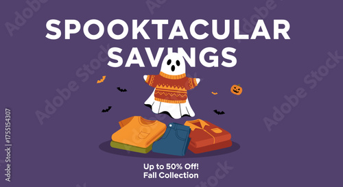 A fun Halloweenthemed promotion with a ghost bats and fall clothing for Spooktacular Savings Perfect for retail ads