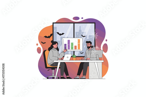 Business team collaborates in a Halloweenthemed office analyzing data with spooky decorations