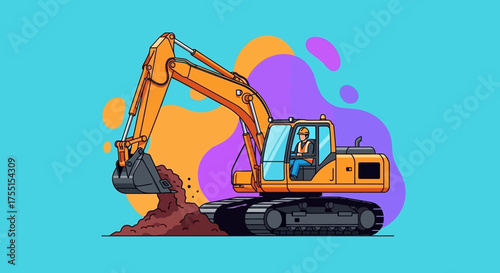 Excavator with worker digging earth on a construction site Heavy machinery for building and development