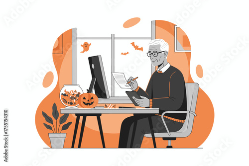 Senior man works in his office desk surrounded by Halloween decor Business holiday lifestyle