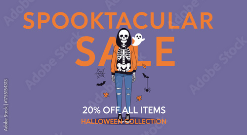 Spooktacular Halloween sale banner with a skeleton character and ghost ideal for seasonal retail promotions and discounts