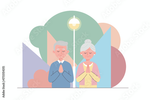Elderly couple praying peacefully expressing serenity and respect Ideal for wellness or spiritual themes