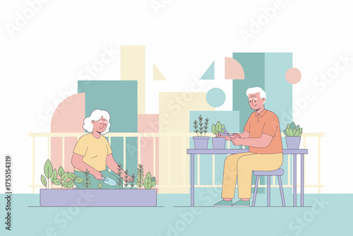 Seniors enjoying urban gardening hobby nurturing plants for a healthy active lifestyle