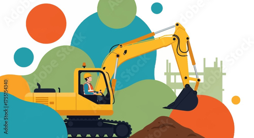 Construction worker operating a yellow excavator at a building site symbolizing development and industry