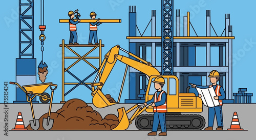 Construction workers and machinery building a structure at a busy site symbolizing development and teamwork