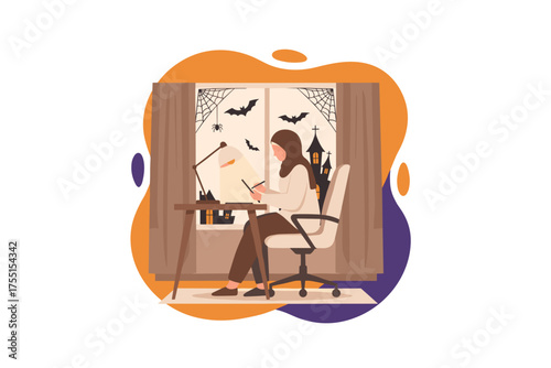 Woman working at desk by Halloween window Remote work creative task holiday theme