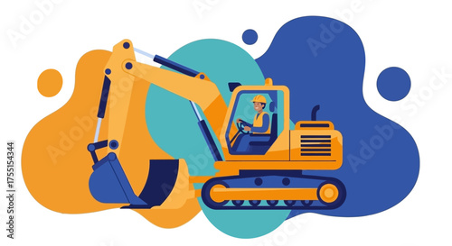 Smiling construction worker operates excavator Building engineering industry development project
