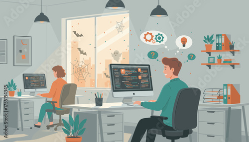 Developers working efficiently in a festive Halloweendecorated office