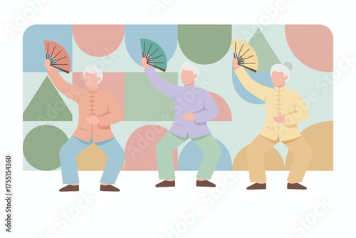 Seniors performing graceful Tai Chi fan exercises promoting health balance and cultural activity