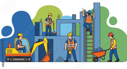 Construction workers busy on a building site demonstrating teamwork and development progress