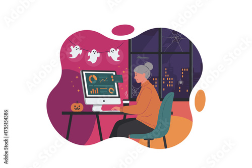 Woman working on computer at home decorated for Halloween Business data and city night view