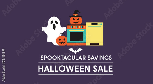 Spooktacular Savings Halloween Sale graphic featuring ghost jackolanterns and appliances Seasonal retail promotion