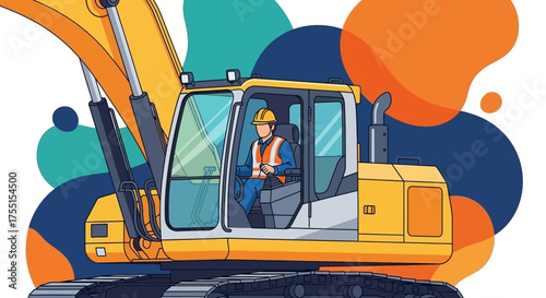 Construction worker operating a yellow excavator Heavy machinery for building industry and development projects